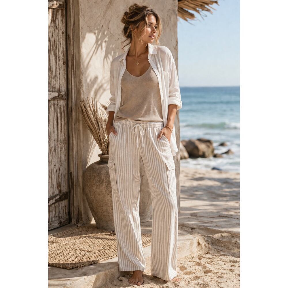 Sanctuary x Anthropologie Linen Blend Cargo Pants Striped Coastal Boho XS New